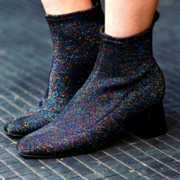 ZARA TRAFALUC Black Multicolor Metallic Stretch High Heel Ankle Boots 38 US 7.5 - Picture 1 of 8